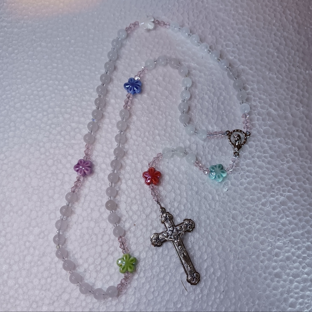 New, Beaded Necklace-Style White Jade Rosary with crystals & ceramic flower bead